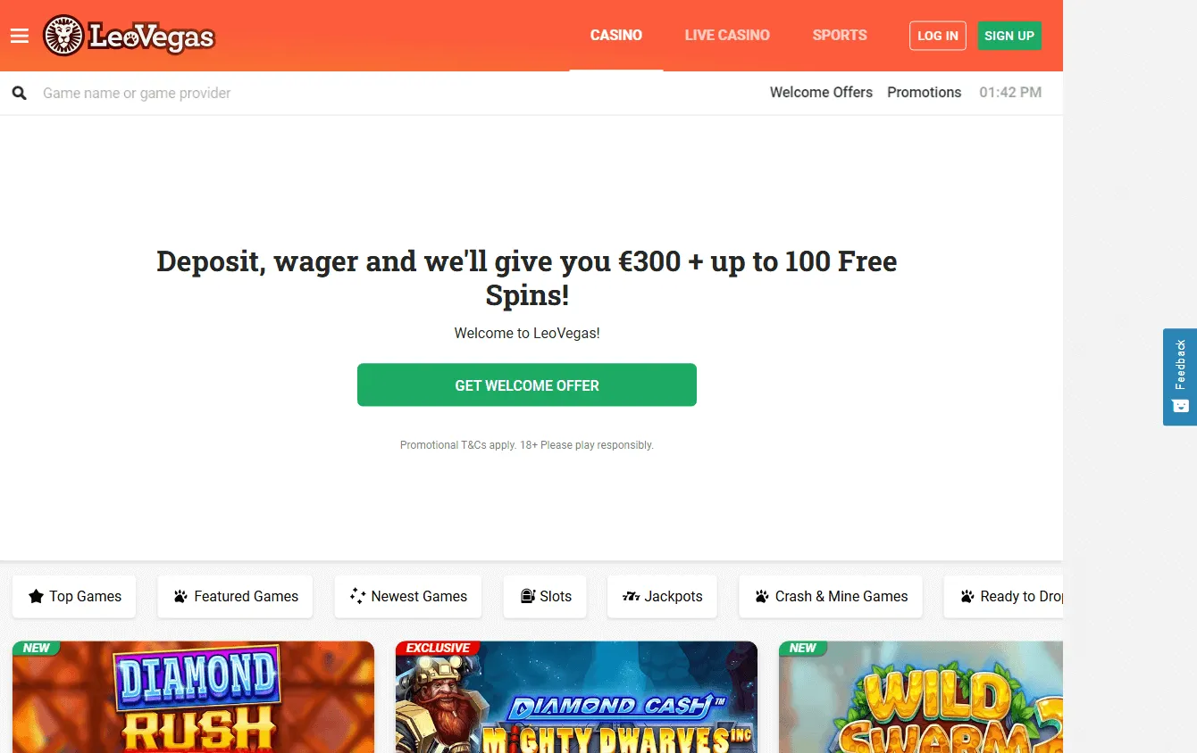 LeoVegas Casino desktop home screen