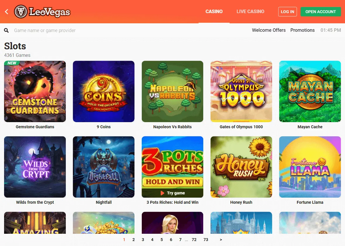 LeoVegas Casino desktop games catalogue