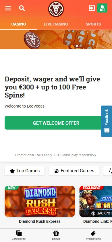 LeoVegas Casino mobile home screen